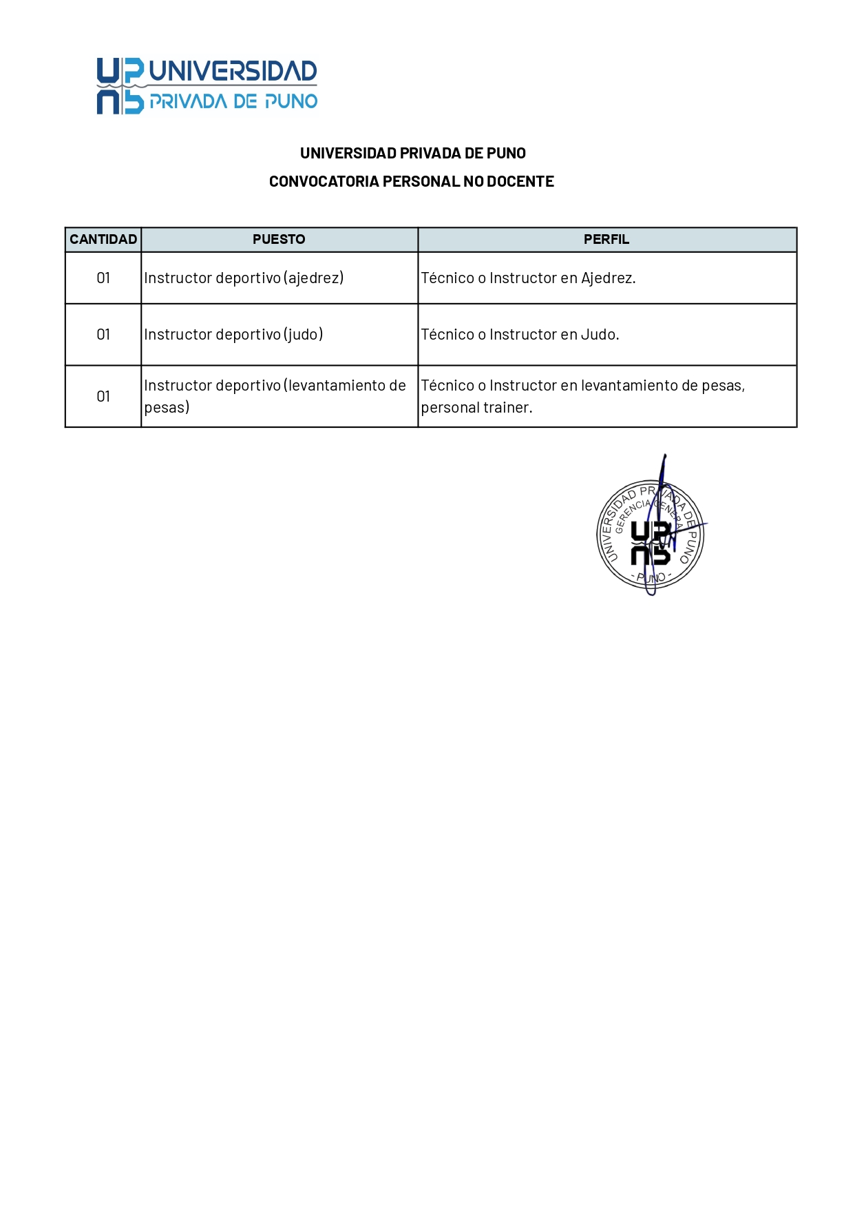 Convocatoria para personal no docente 2026 - Instructores de Deportes